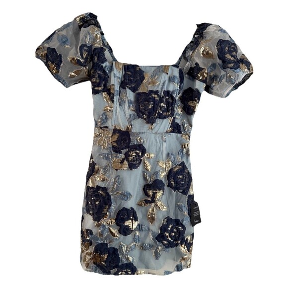 Lulu’s Cheerfully Perfect Blue Floral Jacquard Puff Sleeve Mini Dress Size M New - Picture 12 of 15